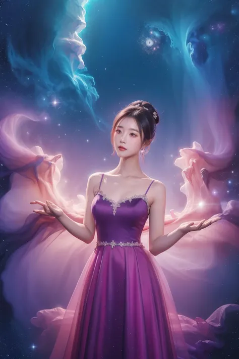 Master piece, a beautiful Chinese girl, wearing a purple long wedding_dress, hair bun, photo realistic, night, cosmos, outdoor, cosmos background, high quality