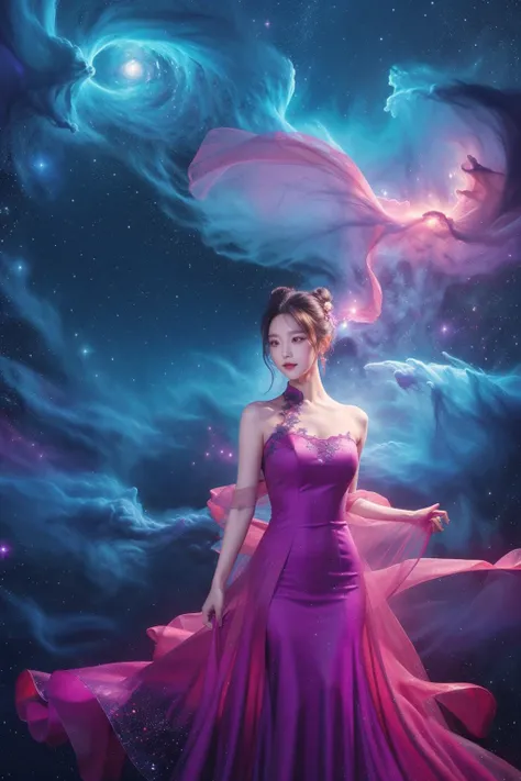 Master piece, a beautiful Chinese girl, wearing a purple long wedding_dress, hair bun, photo realistic, night, cosmos, outdoor, cosmos background, high quality
