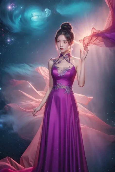 Master piece, a beautiful Chinese girl, wearing a purple long wedding_dress, hair bun, photo realistic, night, cosmos, outdoor, cosmos background, high quality