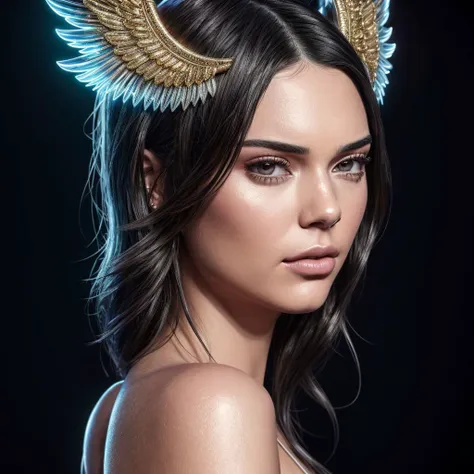 Kendall Jenner   sighing with relief   wearing a halo and wings  (intricate:1.1), (realistic:1) digital painting , (vivid:1.2) ,(high octane render:1.1), volumetric lighting ,epic, high quality