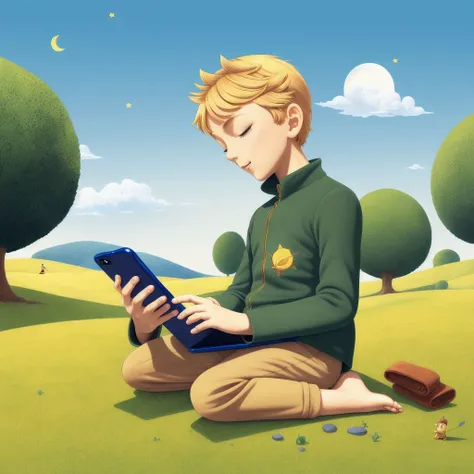 detailed illustration of The Little Prince  looking at their phone , hd, trending, ((high qualitty))