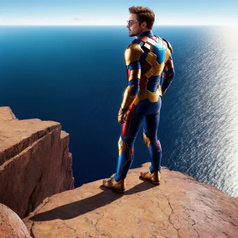 detailed illustration of  Robert Downey Jr.  standing on the edge of a cliff , hd, trending, ((high quality))