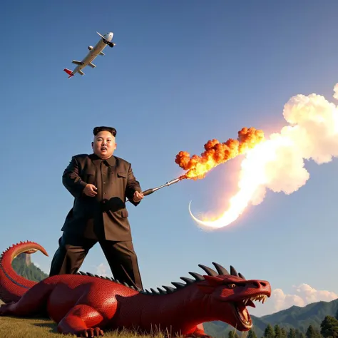 detailed render of  Kim Jong Un   killing a dragon , hd, trending, ((high quality))