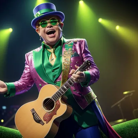 Elton John   singing with happiness   dressed like a leprechaun  (intricate:1.1), (realistic:1) digital painting , (vivid:1.2) , (wide angle shot:1.4), (landscape composed:1.2)(high octane render:1.1), volumetric lighting ,epic, high quality