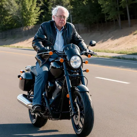 detailed render of  Bernie Sanders   riding a motorcycle , hd, trending, ((high quality))