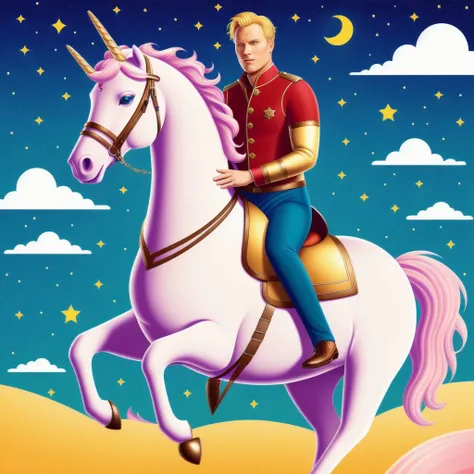 detailed illustration of  Paul Bettany  riding a unicorn , hd, trending, ((high quality))