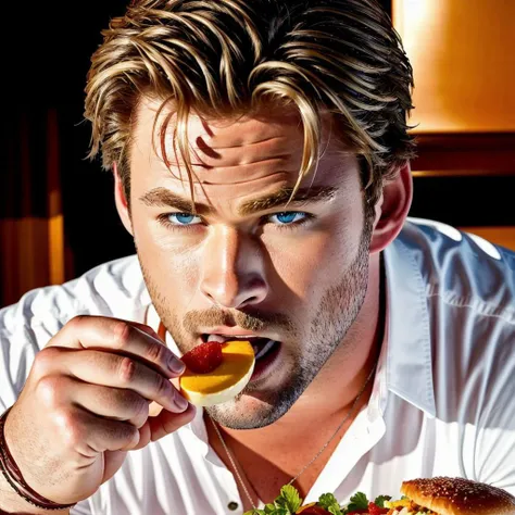 detailed illustration of  Chris Hemsworth  eating dinner , hd, trending, ((high quality))