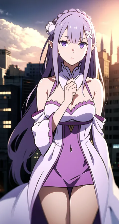 rezeroemilia,, emilia, braid, crown braid, flower, hair flower, hair ornament, hair ribbon, long hair, low-tied long hair, (purple eyes:1.2), pointy ears, white flower, x hair ornament, BREAK bare shoulders, detached collar, dress, long sleeves, low-tied long hair, navel, pink dress, shoulder cutout, thigh gap, wide sleeves, BREAK outdoors, city, BREAK looking at viewer, BREAK <lora:GoodHands-vanilla:1>, (masterpiece:1.2), best quality, high resolution, unity 8k wallpaper, (illustration:0.8), (beautiful detailed eyes:1.6), extremely detailed face, perfect lighting, extremely detailed CG, (perfect hands, perfect anatomy),
<lyco:rezeroemilia-LYCORIStest:1>