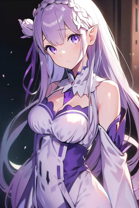 rezeroemilia, <lyco:rezeroemilia-LYCORIStest:1>, emilia, braid, crown braid, flower, hair flower, hair ornament, hair ribbon, long hair, low-tied long hair, (purple eyes:1.2), pointy ears, white flower, x hair ornament,
BREAK bare shoulders, detached collar, dress, long sleeves, low-tied long hair, navel, pink dress, shoulder cutout, thigh gap, wide sleeves,
BREAK outdoors, city,
BREAK looking at viewer, BREAK <lora:GoodHands-vanilla:1>, (masterpiece:1.2), best quality, high resolution, unity 8k wallpaper, (illustration:0.8), (beautiful detailed eyes:1.6), extremely detailed face, perfect lighting, extremely detailed CG, (perfect hands, perfect anatomy),