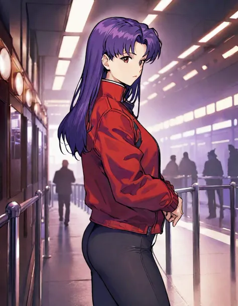 misato, 1girl woman in late 20s, parted bangs, purple hair, red jacket, solo, standing, <lora:misato_model_ia3:0.5>