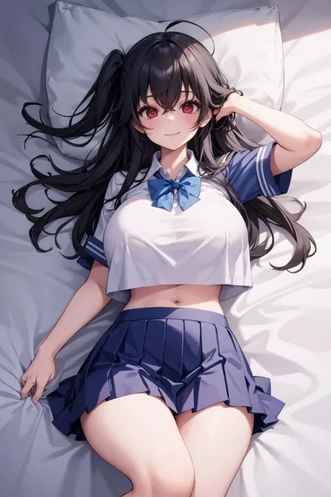 Beautiful illustration、top-quality、 s、Bedroom、A blue-haired、length hair、(((blue pleated skirt)))、(((blue sailor suit)))、shortsleeves、Colossal tits、a navel、Flipping up the skirt with your hands、Show white panties、Pull up your skirt and show your panties、bare-legged、red eyess、on the beds、lovely thighs、glowing thigh、floating hair, wind,