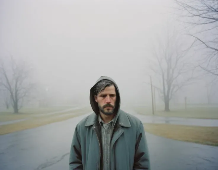 ((ultra realistic details)),((wide shot)),wide angle,portrait of a melancholy man,(haze:1.5),((raining:1.5)),moody lights,cold colors,film photography style,large format camera,medium grain,<lora:JuggerCineXL2:1>,<lora:Alec Soth style:0.8>,Alec Soth style page,