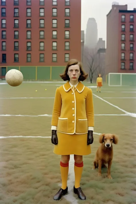 <lora:Alec Soth style:1>Alec Soth style - woman plays soccer in the background in new york Wes Anderson and Diane Arbus