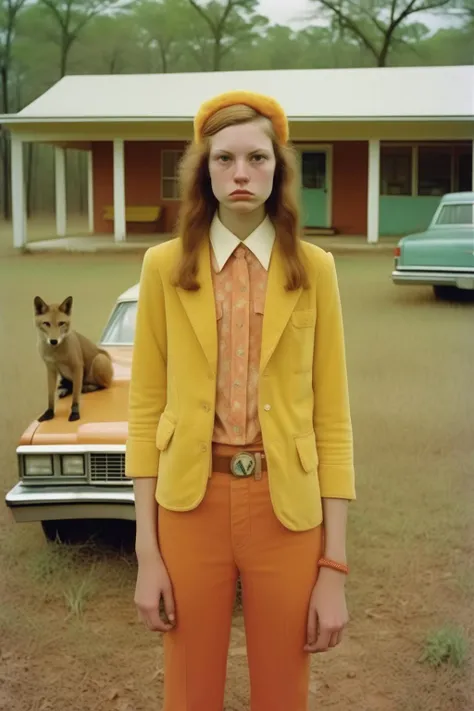 <lora:Alec Soth style:1>Alec Soth style - Young woman born to be a wild in rural Alabama. Texas fashion. Wes Anderson. Photographed