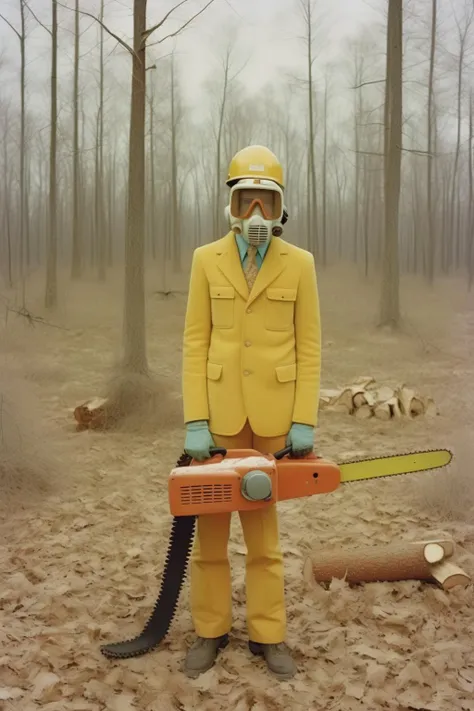 <lora:Alec Soth style:1>Alec Soth style - man with chainsaw and mask far Away as wes Anderson