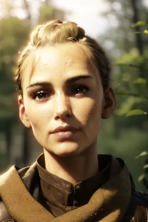 MR_Amicia, beautiful, (masterpiece:1.2), (best quality:1.2), perfect eyes, perfect face, perfect lighting, 1girl, solo, blonde hair, brown hair, light smile, closed mouth, lips, blurry background, portrait, looking away, outside, forest, flowers around, plants, woods, river, blue water, sunlights, <lora:APTR_Amicia-01:0.9>