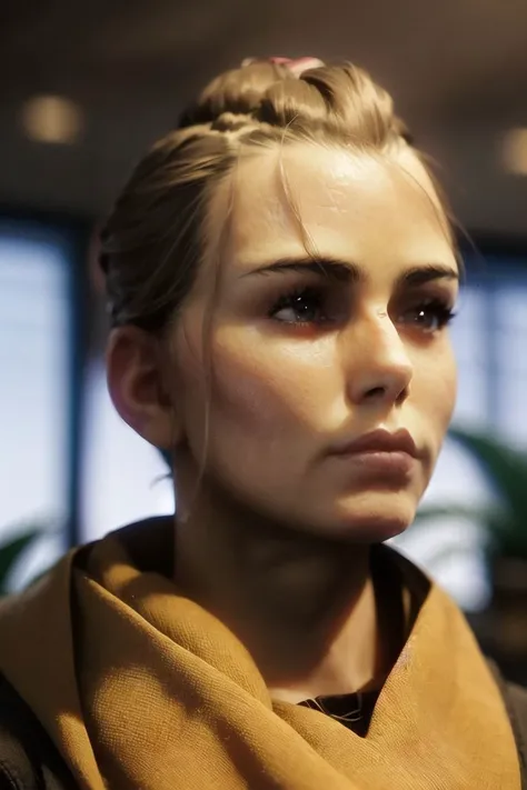 MR_Amicia, beautiful, (masterpiece:1.2), (best quality:1.2), perfect eyes, perfect face, perfect lighting, 1girl, solo, blonde hair, brown hair, closed mouth, blurry, lips, blurry background, portrait, looking away, indoors, office, plants, <lora:APTR_Amicia-01:0.9>