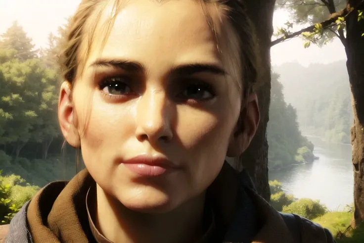 2D, MR_Amicia, beautiful, (masterpiece:1.2), (best quality:1.2), perfect eyes, perfect face, perfect lighting, 1girl, solo, blonde hair, brown hair, light smile, closed mouth, lips, portrait, looking away, outside, forest, flowers around, plants, woods, river, blue water, sunlights, <lora:APTR_Amicia-01:0.9>