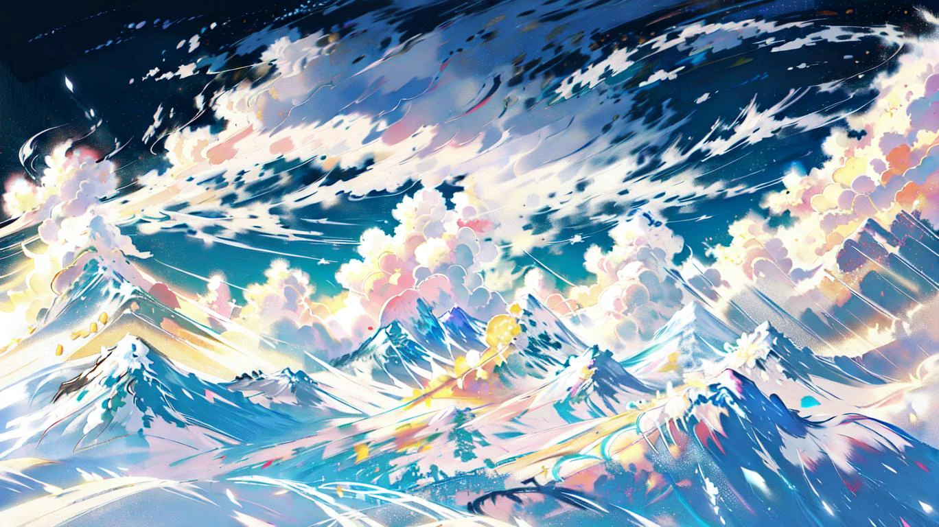 sunny, clouds, snowy mountaintops,  <lora:YuumeiArtV2:1>