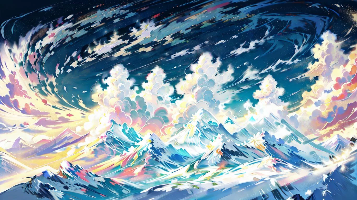sunny, clouds, snowy mountaintops,  <lora:YuumeiArtV2:1>