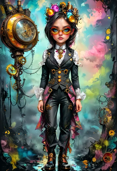 an adult female wearing a steampunk attire, Tailcoat with cogwheel buttons, pinstripe trousers with suspender, monocle pendant necklace, patent leather shoes, Brass goggles with tinted lenses in a surreal world, intricate details, ultra sharp, <lora:TQ-Colorful_fantasy:1> colorful fantasy