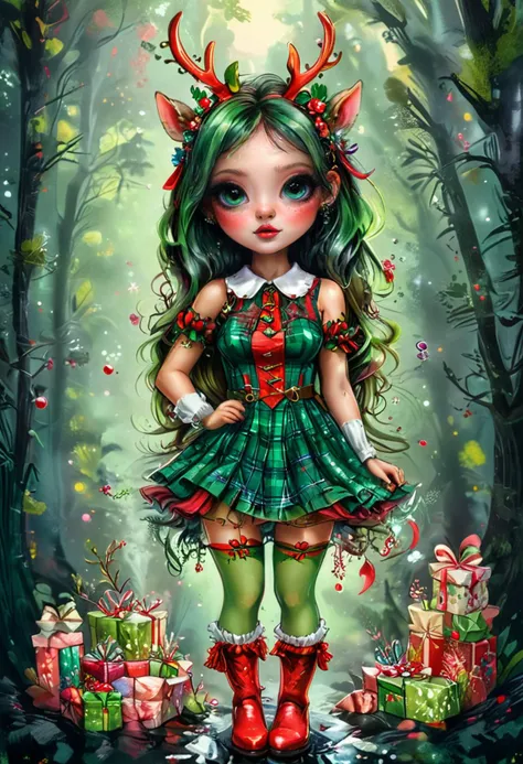 an adult female wearing Red and green plaid mini dress with white collar, green stockings, red ankle boots, reindeer antlers headband, carrying a stocking filled with goodies in a surreal world, intricate details, ultra sharp, <lora:TQ-Colorful_fantasy:1> colorful fantasy
