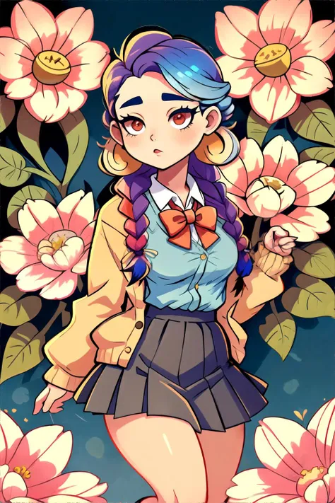 <lora:retro:0.4> woman with Golden Ombre Faux Undercut Braid with Hair Rings, wearing Preppy: Pleated skirt, button-down shirt, cardigan, and loafers., Whimsical Wonderland with Giant Flowers, masterpiece, 8k, high resolution, shallow depth of field, sharp focus