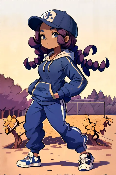 <lora:retro:0.4> woman with Cadet blue Spiral Curls, wearing Athleisure: Joggers, hoodie, sneakers, and a baseball cap., Sunny vineyard with rows of grapevines and rolling hills, masterpiece, 8k, high resolution, shallow depth of field, sharp focus