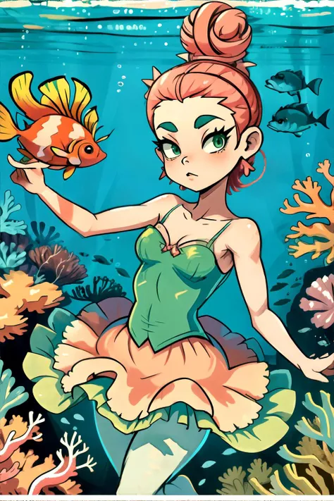 <lora:retro:0.4> woman with Green Spiky Top with Tapered Sides, wearing Ballerina: Tulle skirt, fitted top, ballet flats, and a bun., Dreamy underwater world with colorful coral reefs and tropical fish, masterpiece, 8k, high resolution, shallow depth of field, sharp focus