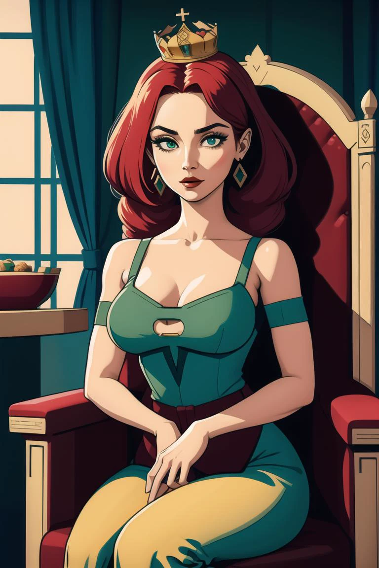 girl, prettify, ancient, medieval, castle, queen, red_hair, green_eyes,throne <lora:retro:0.5>