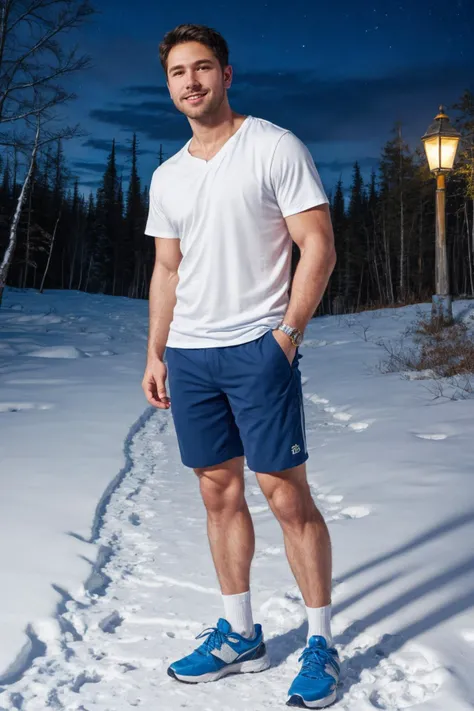 OverallDetail, realistic, high quality, masterpiece, <lora:TylerNorris:0.8>, white vneck shirt, wearing shorts, shoes, snow, night time, frozen tundra, alaska, white snow