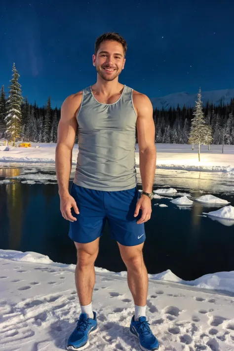 OverallDetail, realistic, high quality, masterpiece, <lora:TylerNorris:0.8>, wearing athletic ribbed tanktop, smile, wearing shorts, shoes, snow, night time, frozen tundra, alaska, white snow