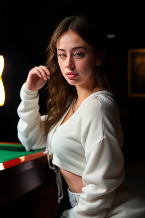 DEN_sierra_cabot,
playing snooker in a dark atmospheric pool hall wearing casual clothing and a hoodie, atmospheric, snooker, cue, playing snooker, leaning over the table,
bokeh, f1.4, 40mm, photorealistic, raw, 8k, textured skin, skin pores, intricate details <lora:epi_noiseoffset2:1>, epiCRealism <lora:ClothingAdjuster3:-1>