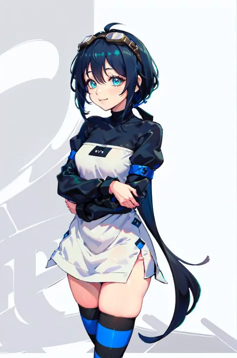 hugging own legs, <lora:attire_stripedthighhighs_blkblu:1> striped thighhighs, (goggles on head:1.2),, ultra detailed, masterpiece, best quality, aesthetic, detailed,, solo, smile, 1girl, aqua eyes, black hair, <lora:low_ponytail-1.0:1> low ponytail, ahoge, absurdly long hair, very long hair, hair flaps, hair between eyes, bangs, messy hair, small breasts, goggles on head, closed mouth,