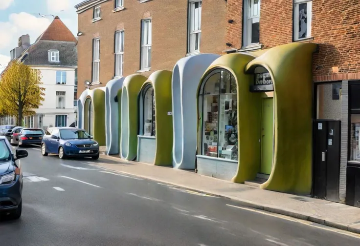 small, bottom-up, outdoor, Curvy Architecture street residential house,
in a heritage local brussels local neighbourhood ((multicultural, inclusive, not gentrified, decline)) city urban streetscape
local shops, small offices, neighbourhood cafes, car signage, urban traffic, human passers-by, parking, bicyclists