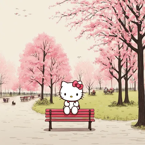 shenqiu, hello kitty is sitting on a bench in a park 