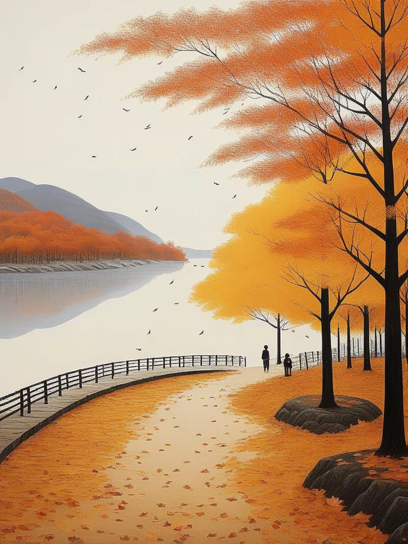 shenqiu,<lora:shenqiu-000020:0.7>,a park,fallen leaves,lake,