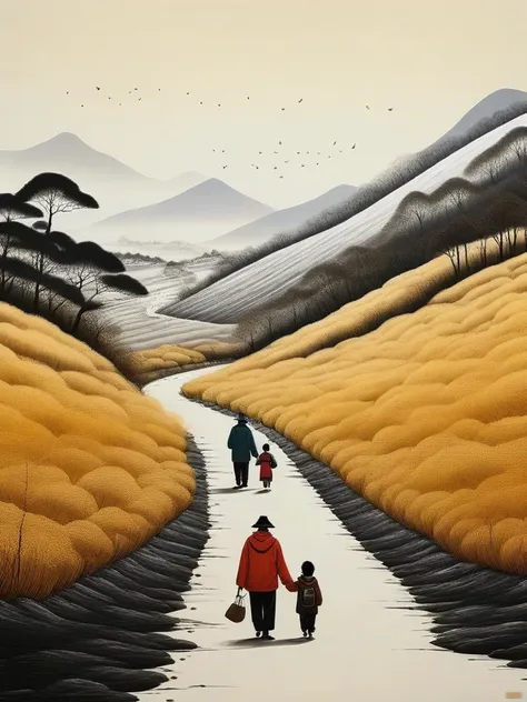 shenqiu,<lora:shenqiu-000020:0.7>,dad and child walking towards the big mountain,