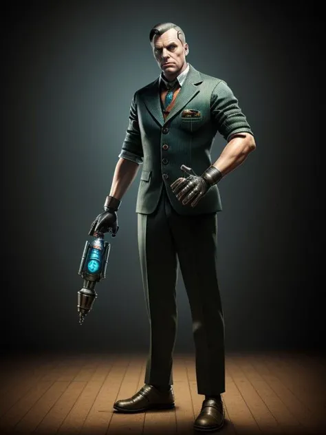 Photo, RAW, Full body Portrait
Bioshock Style Villain with (prosthetic drill hand), mechanical drill (prosthetic hand),
perfect composition, high detail, hyper realistic, extremely detailed,