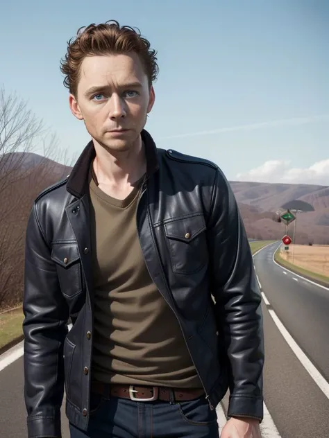 photo RAW, 3/4 shot, medium shot portrait, ultrarealistic, real_life,  
 tom hiddleston  ,  highway, outdoors