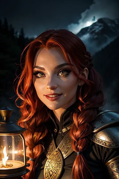 A beautiful and sexy viking raider woman dressed in fur armor, heavy eyeliner, heavy eyeshadow, beautiful refined face detail, bright light eyes, cute smile, mischievous glint in her eye, perfect legs, brazen energy, adventurous spirit, Lucious braided red hair, adventure, atmospheric fog, ambient light, rim light, an overgrown mountain forest, a great longhouse,