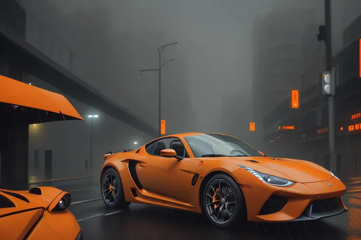 best quality, masterpiece, highly detailed, ultra-detailed, RAW, analog style, ( 1 futuristic orange sports car no humans:1.2), street urban, rain, high detailed, sharp focus, volumetric fog, 8k uhd, dslr, high quality, film grain, Fujifilm XT3