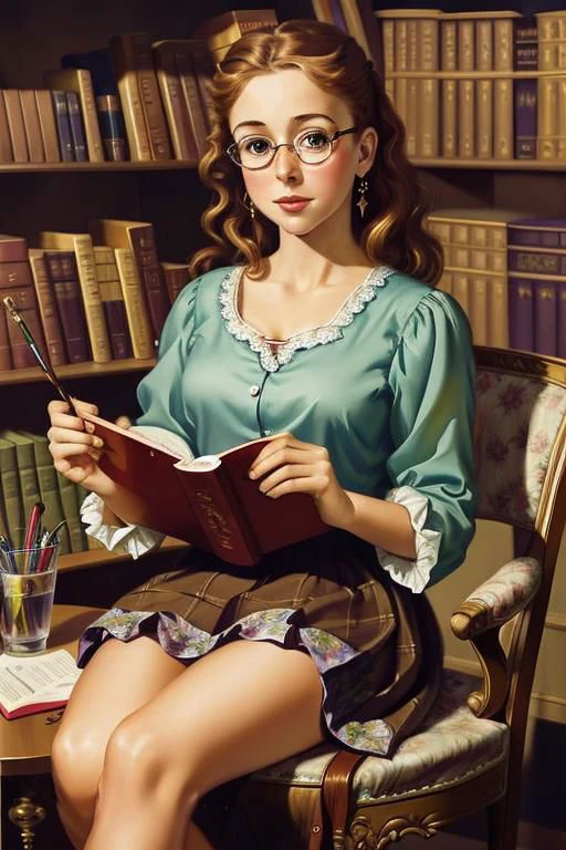 Masterpiece, best quality, hi res, 8k, hi res, 8k, award winning , (sharp focus, intricate, highly detailed) <lora:pearlfrush:0.9> frush,painting of a surprised woman in a library, glasses