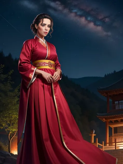 photo RAW, 3/4 shot, medium shot portrait, ultrarealistic, real_life,
paula patton wearing crimson hanbok in a outdoors, night sky, hill, star \(sky\)