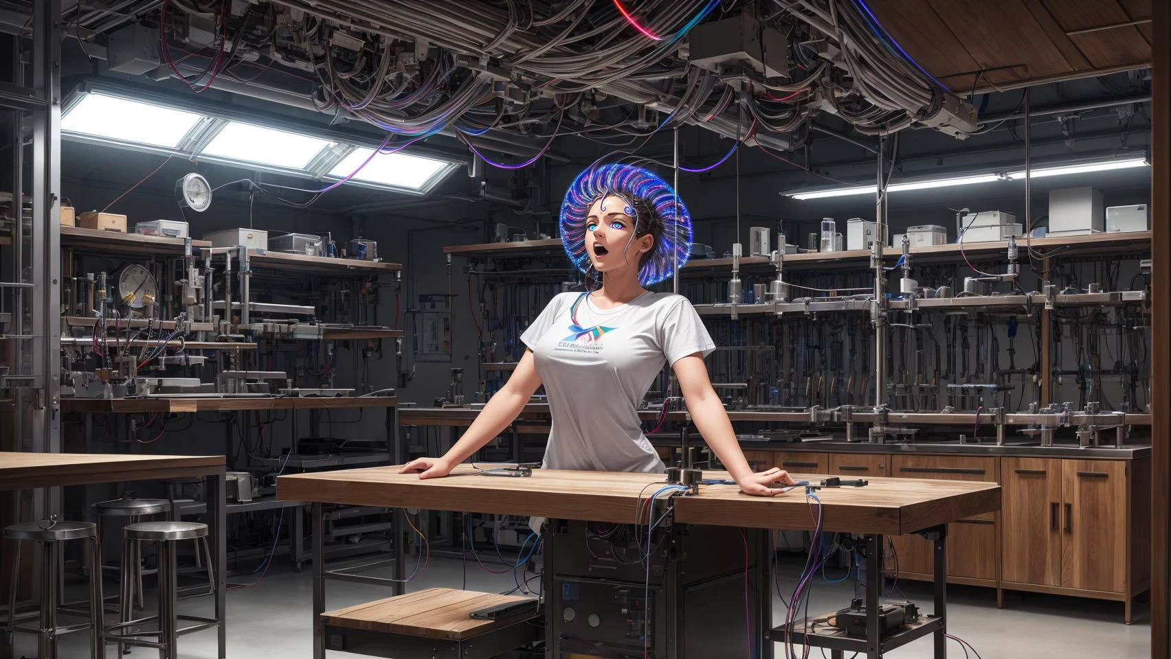 Professional photo RAW, portrait, science lab (university, scientific research machines, high top wood lab table (butcher block, wood grain, lab equipment, scientific equipment),
equipment hanging from ceiling (artciulated arms (visible hinges, wires, metal, bolts,conduit),
monitors (spirals, hypnotic glow, subliminals),
lights, sensors, wires) windows, overhead lights, electronics, 2020, laboratory),
brainwashing machine (rainbow spiral, blinking lights, brushed steel, high detail),
(mind control device:1),
hypnosis, entranced, dazed, drugged, masterpiece, best quality, 1girl,
rainbow iris, open mouth, drooling, dazed, expressionless, nsfw, small breasts, cute t-shirt (tight, aroused, latex, cotton),
Australian 19 year old, hot undergraduate, student, spiral eyes, spiral brainwash machine, looking at the spiral machine (eyes focused on machine), <lora:spiralwashv2_1544:0.15>,