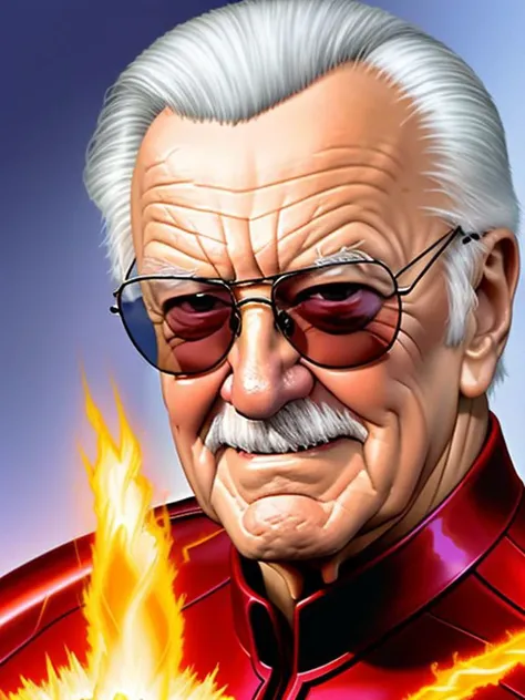 Stan Lee is human torch
speech bubble - "Excelsior!",
extremely detailed, digital portrait, dramatic lighting,
