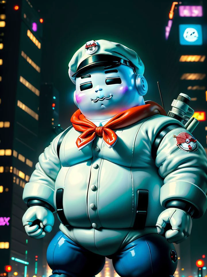 (Cyberpunk) Giant Sta-Puft Marshmallow Man destroying the city, blue sailor cap and neckerchief, Scene from Ghostbusters, Cybernetics, <lora:wowifierV3:1>
