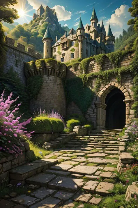 Masterpiece illustration, dynamic color, dynamic shadows, an ancient partially collapsed fantasy castle, old falling stone walls, tattered banners, old debris, gravel path leading to broken steps, boulders litter the ground with wild bushes, in a forest, puffy clouds block a bright sun, far away tall towers, ambient magical light, rim light,
