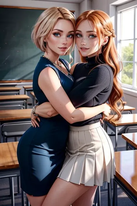 (high quality, best quality:1.2), two women hugging, classroom  BREAK
profjen, tall, dark blue dress, AS-Midaged BREAK
studentnat, freckles, single braid, short, black turtleneck, white pleated skirt