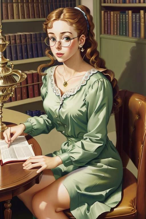Masterpiece, best quality, hi res, 8k, hi res, 8k, award winning , (sharp focus, intricate, highly detailed) <lora:pearlfrush:0.9> frush,painting of a surprised woman in a library, glasses